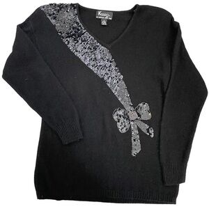 VTG black silk angora blend v neck embellished sweater small